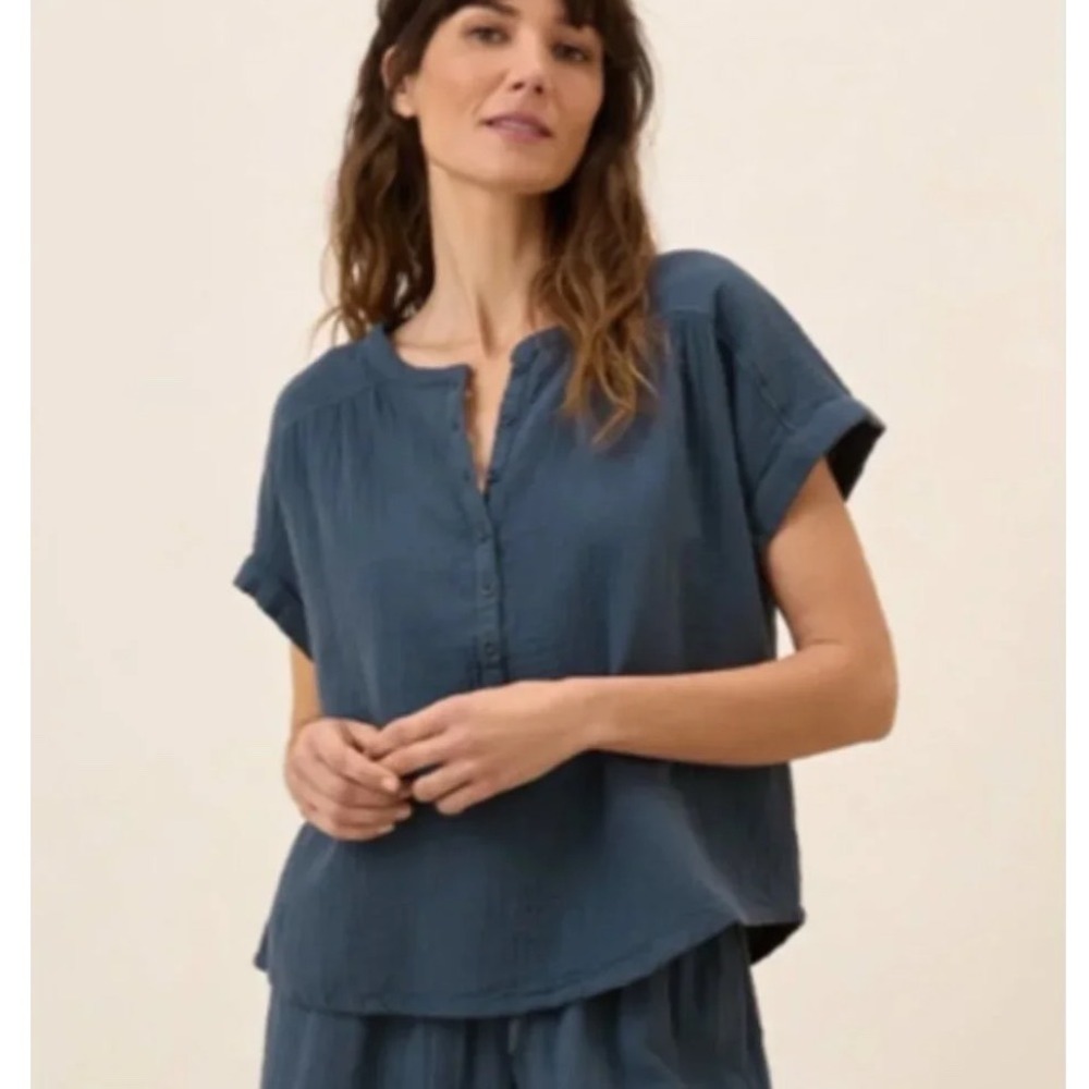 Pact Coastal Double Gauze Cotton Short Sleeve Popover Top French Navy XS Organic
